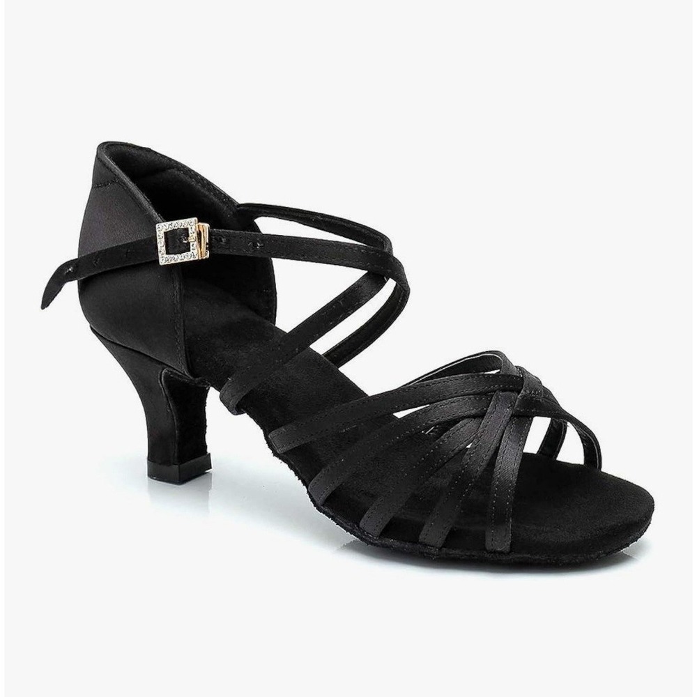 New Olora Black Silk Women's Latin Ballroom Dance Shoes, 1.8" Heel, Size 10.5 M